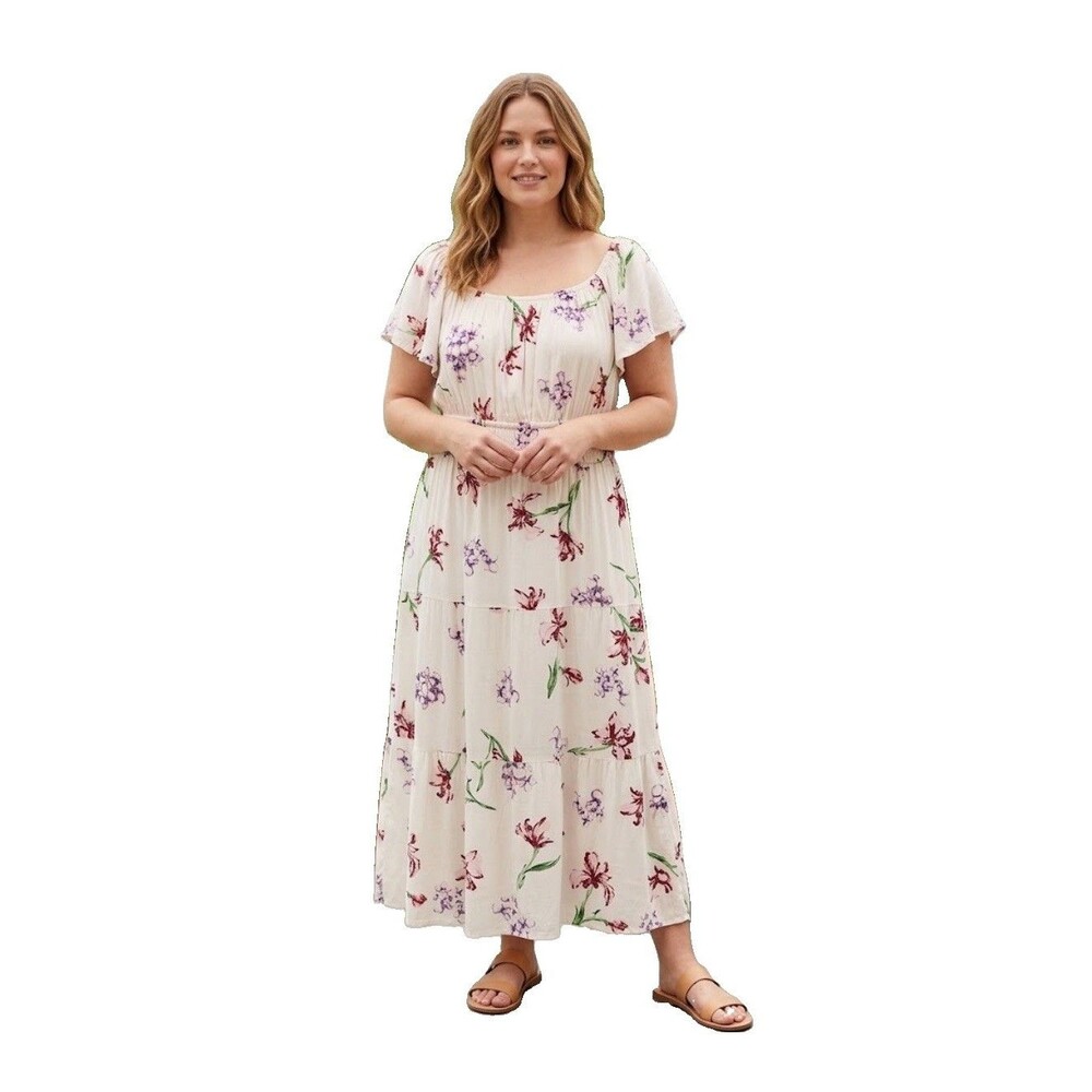 Lucky Brand Floral Boho Smocked Maxi Dress Tiered Large Cottage